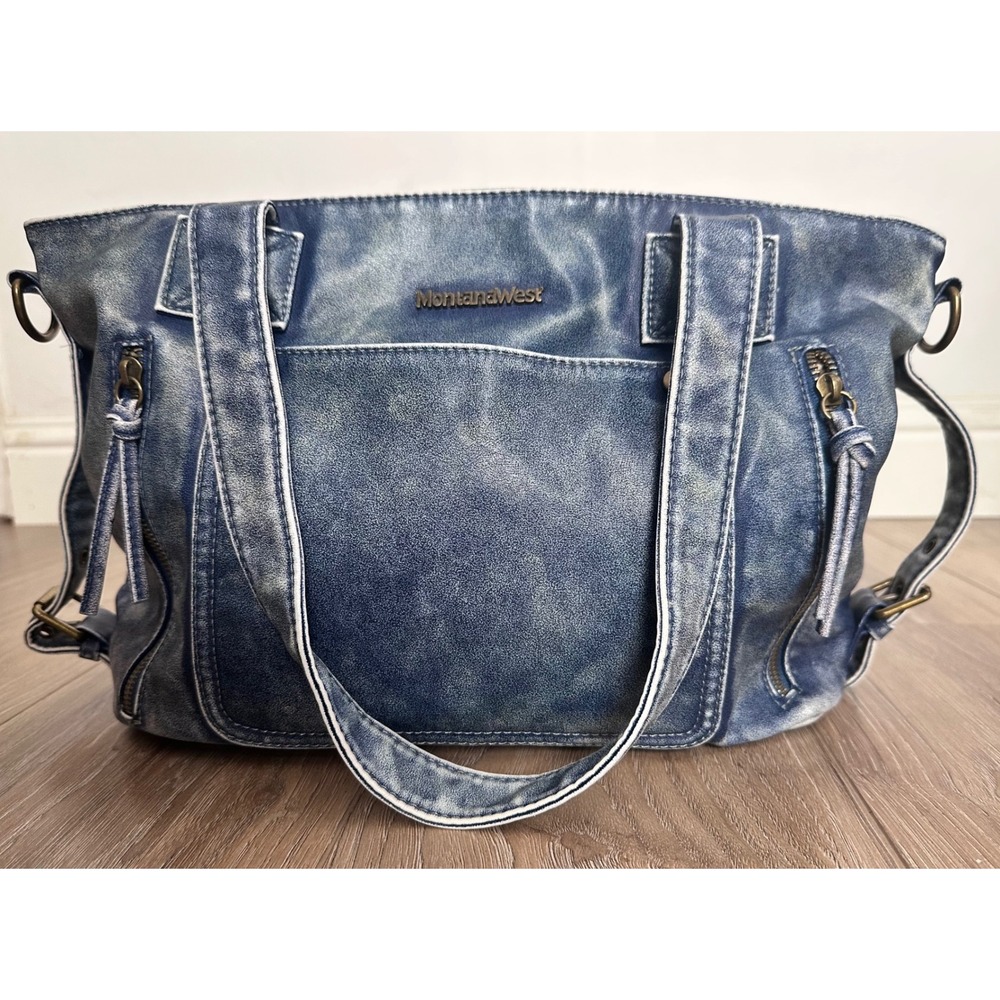 Montana West Blue Distressed Vegan Leather Shoulder Bag Western Tote Boho